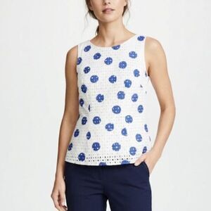 Boden Women's White Blue Dot Eyelet Lace Round Neck Fitted Sleeveless Top Size 6